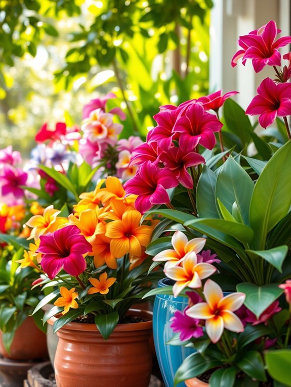 20 Garden Decor Ideas for Tropical Gardens 2 colorful pots filled blooms