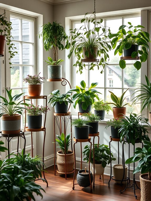 14 Indoor Garden Decor Ideas for Apartment Living 13 elevate plants with stands