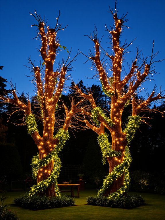 17 Beautiful Fairy Lights Ideas for a Magical Garden Look 3 festively adorned evergreen trees