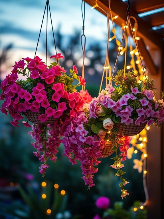illuminated floral arrangements outdoors