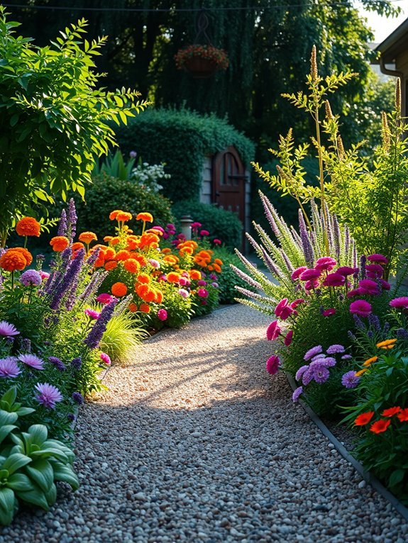 12 Flower-Lined Garden Path Ideas You’ll Love 3 perennial lined gravel walkway