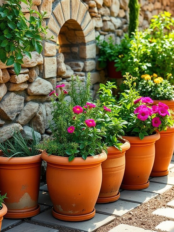 12 Mediterranean Garden Decor Ideas to Bring Relaxation 2 terracotta pot plantings flourish