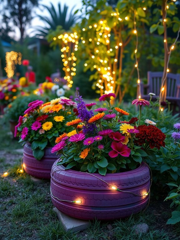16 DIY Garden Lighting Ideas to Enhance Your Outdoors 9 tire planters with lights